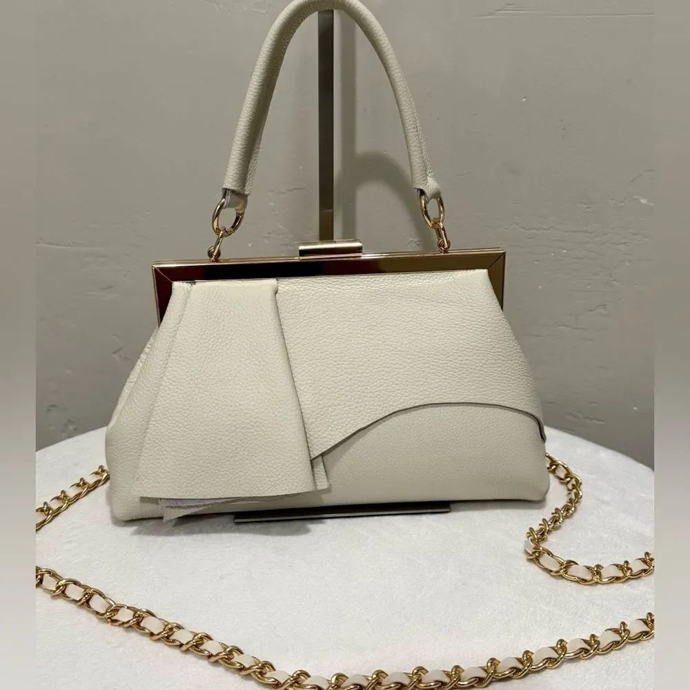 Ivory Pebble Leather Handmade Asymmetrical Ruffles Metal Frame Clutch/Crossbaody - Picture 6 of 16